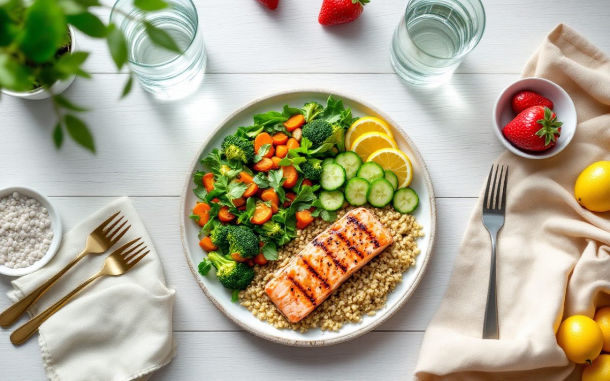 Assiette équilibrée : légumes, quinoa et saumon grillé, verre d’eau et fruits