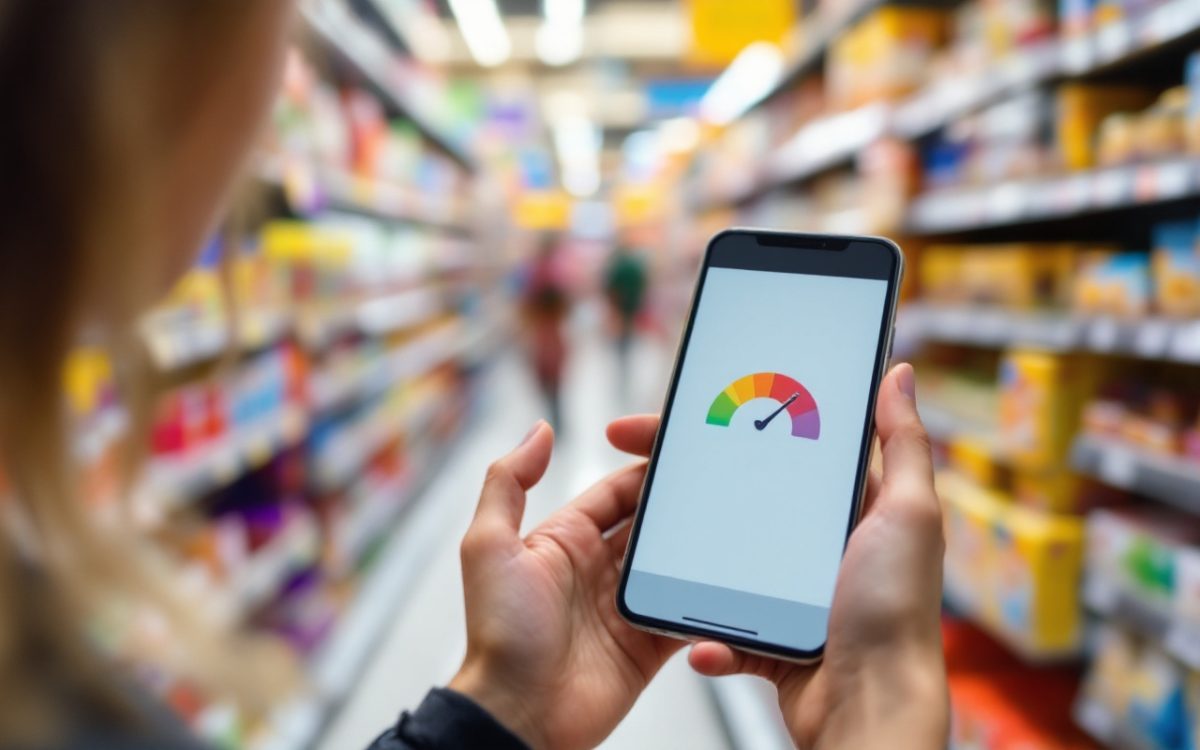 Smartphone affichant une note nutritionnelle dans un rayon de supermarché