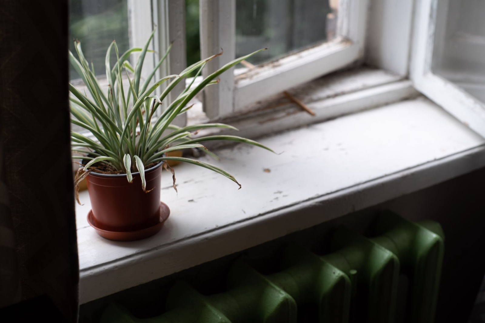 Radiateur froid devant une fenêtre dans un logement mal chauffé en hiver